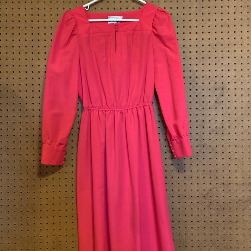 Leslie Fay Vintage Pink Square Neck Long Sleeve Midi Dress 6 Retro Cottage‎